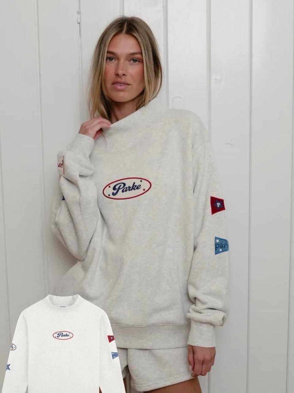 Parker Cream Crewneck Sweatshirt With Red & Blue Patch Accents